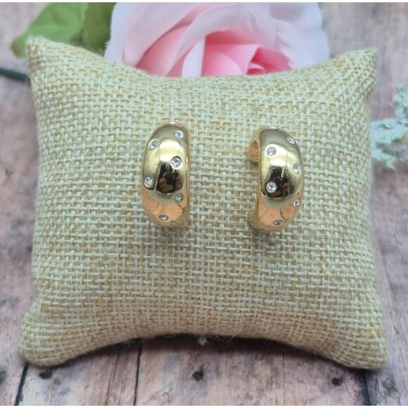 Cute AVON Gold Tone Small Hoop Earrings with Crystal Accents Classic 1" - Picture 1 of 12